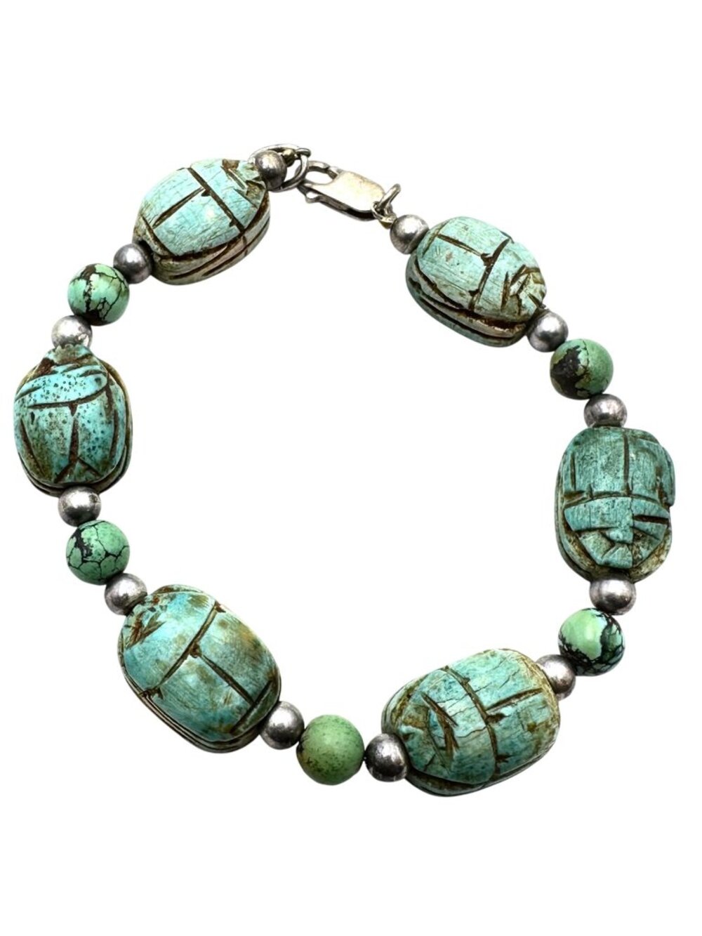 Rare Vintage Carved Blue Green Turquoise Scarb Sterling Silver Bracelet 8 Inch